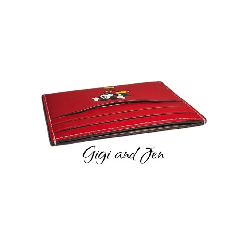 Coach Disney Mickey Unisex Slim Id Card Case With Winter Motif Elictric Red